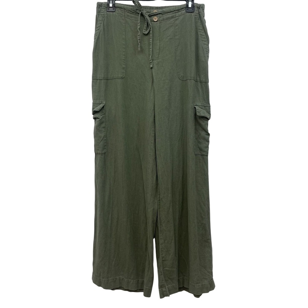Linen Blend Cargo Pants Womens Small Green Wide Leg Drawstring Marc NY